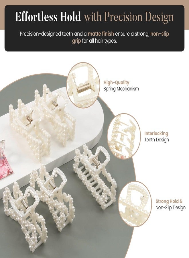 Merdia 5 PCS Simulated Pearl Hair Claw Clips for Women | Multi-Use Barrettes for Thin Hair with Non-Slip Strong Hold | Barrettes for Thick & Curly Hair Accessories | Flat Claw Clips for Women, Off-White - Image 3